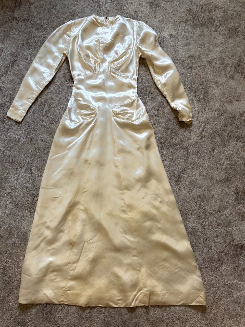 Vintage 1930s 40s Liquid Satin Wedding Dress Gown Snap Cuffs Side Zip XS S As Is